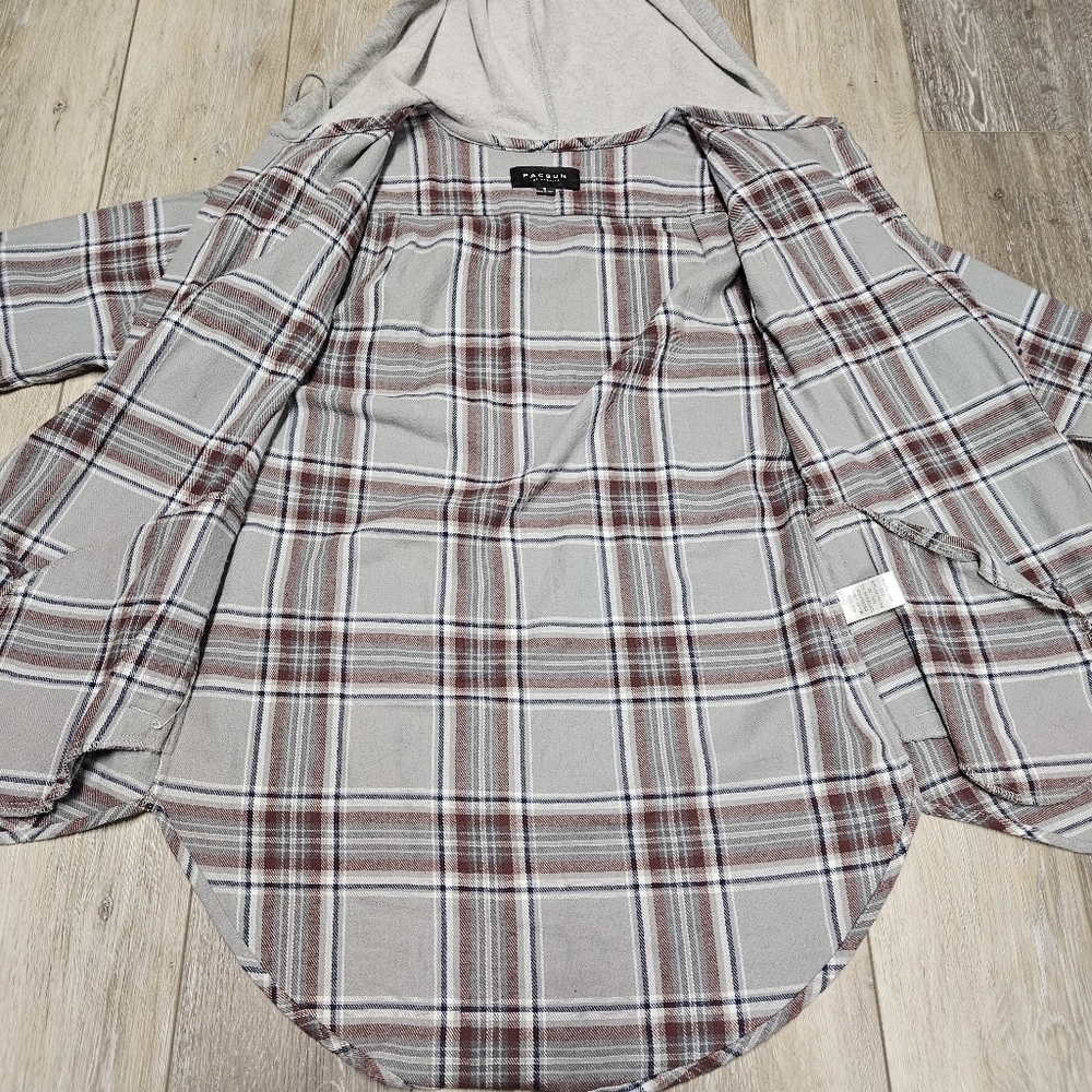Pacsun Hooded Grey Plaid Button Up Oversize Flannel Shacket Jacket Womens Small - Picture 8 of 13